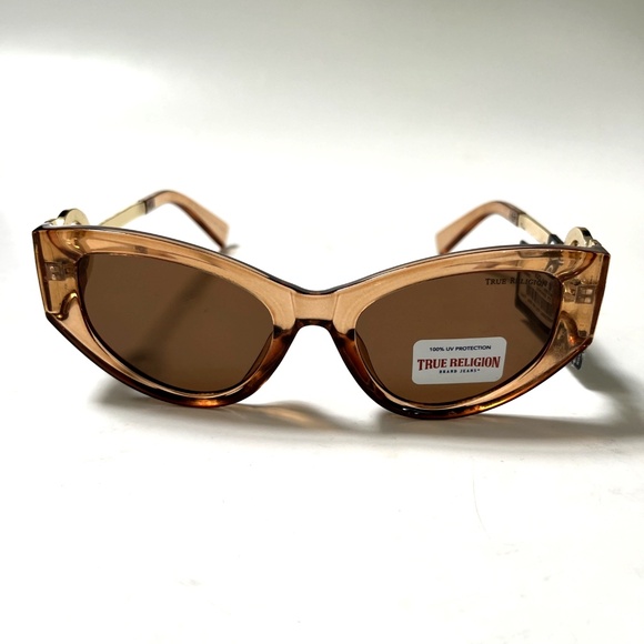 New Original TRUE RELIGION Cat Eye Sunglasses Clear Acetate Gold Logo Rhinestone main image 4